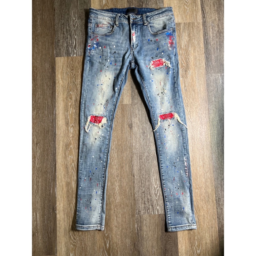 Tulones Currency Collectors Jeans Mens 34 Blue Paint Splatter Distressed
